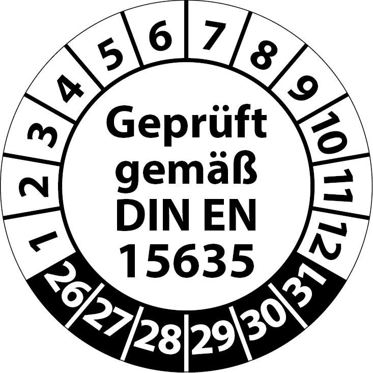 Prüfplaketten Geprüft gemäß DIN EN 15635