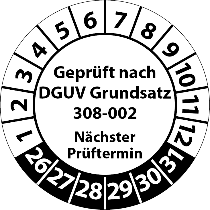 Prüfplakette Geprüft nach DGUV Grundsatz 308-002 Nächster Prüftermin Hebebühnen