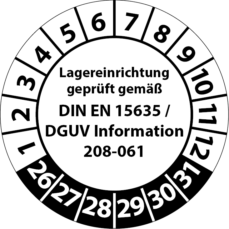 Prüfplaketten Lagereinrichtung geprüft gemäß DIN EN 15635 DGUV Information 208-061