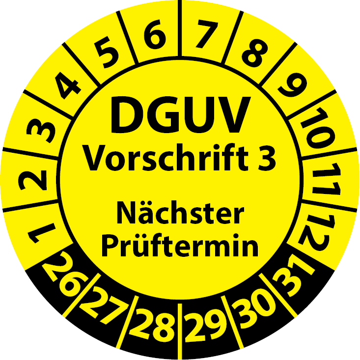 Prüfplaketten DGUV Vorschrift 3 Nächster Prüftermin, 1000 Stück auf Rolle - Aufkleber DGUV-V3