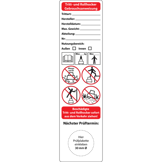 Gebrauchsanweisung Tritt- und Rollhocker Prüfung gemäß DGUV Information 208-016, 150 x 40 mm