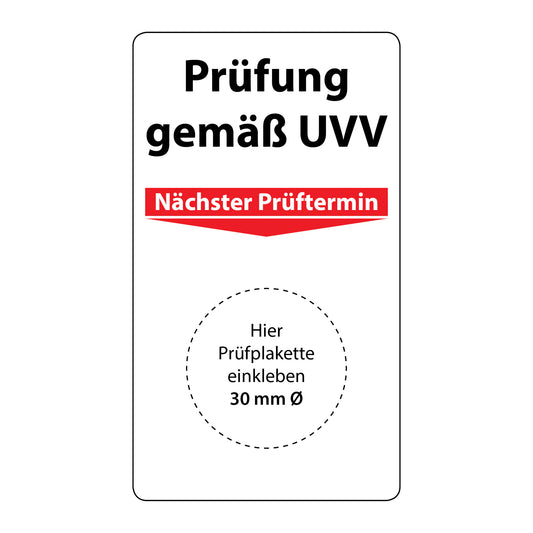 Prüfung gemäß UVV Grundplaketten, 70 x 40 mm