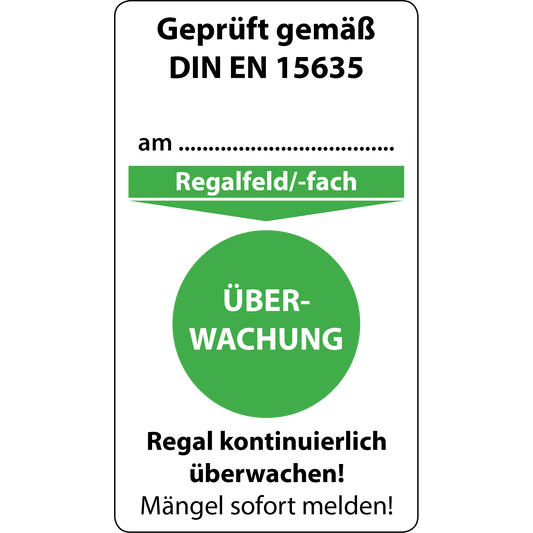 Regale Ampelsystem Gefahrenstufe grün Überwachung Grundplakette, 70 x 40 mm, DIN EN 15635 Aufkleber für Regalprüfung