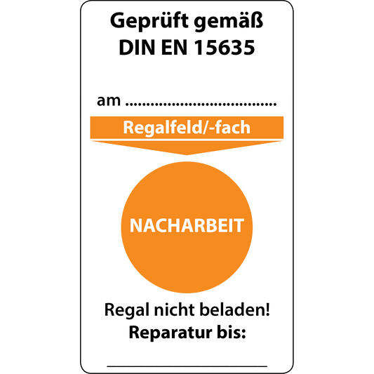 Regale Ampelsystem Gefahrenstufe orange Nacharbeit Grundplakette, 70 x 40 mm, DIN EN 15635 Aufkleber für Regalprüfung