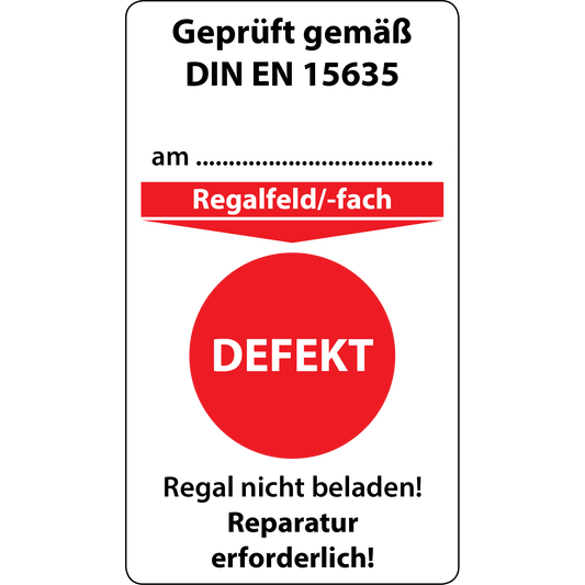Regale Ampelsystem Gefahrenstufe rot Defekt Grundplakette, 70 x 40 mm, DIN EN 15635 Aufkleber für Regalprüfung