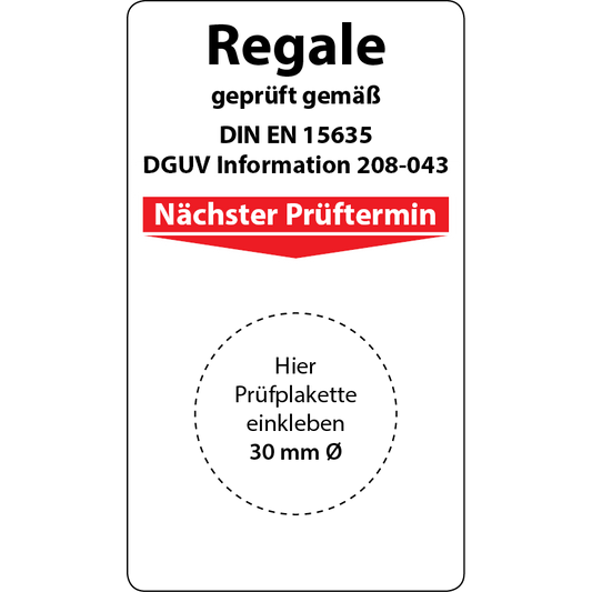 Regale geprüft gemäß DIN EN 15635 / DGUV Information 208-043 Grundplaketten, 70 x 40 mm