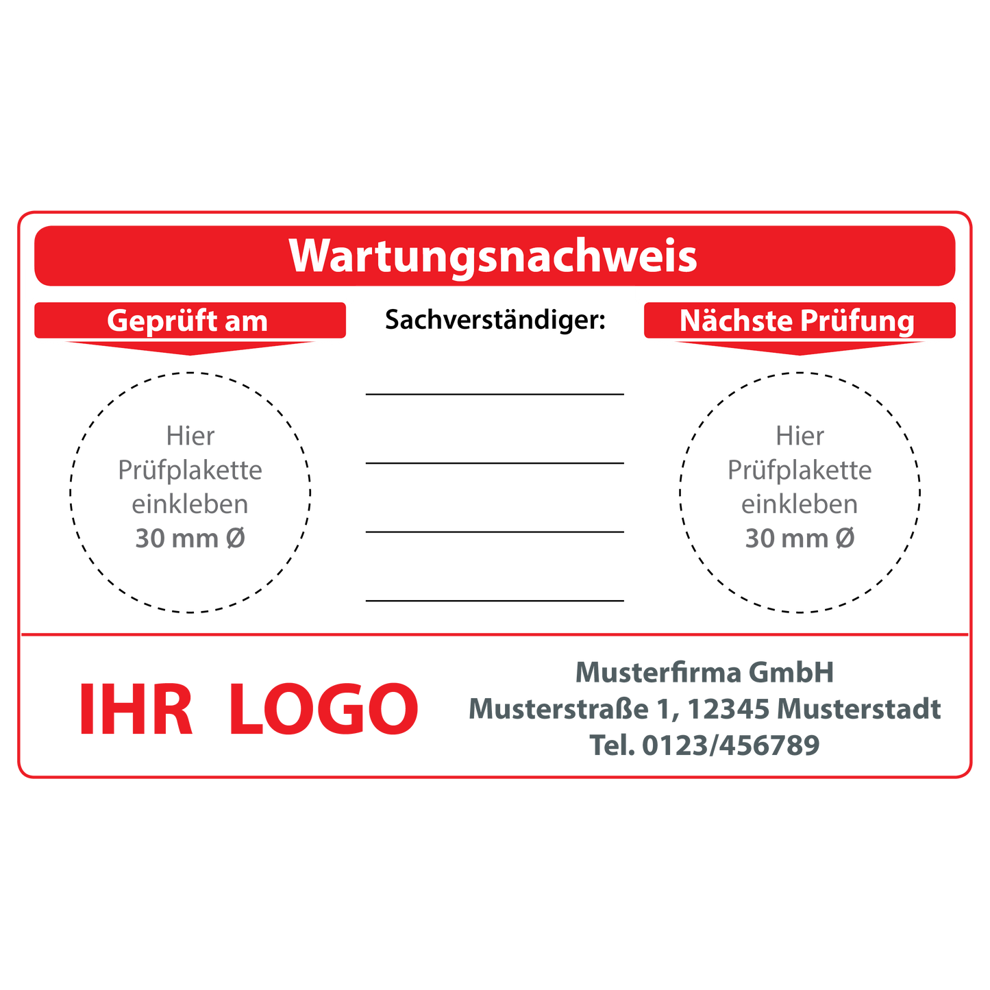 Aufkleber Wartungsnachweis mit Logo selbst gestalten, 115 x 70 mm, Vinylfolie, selbstklebend, Wartungsaufkleber individuell