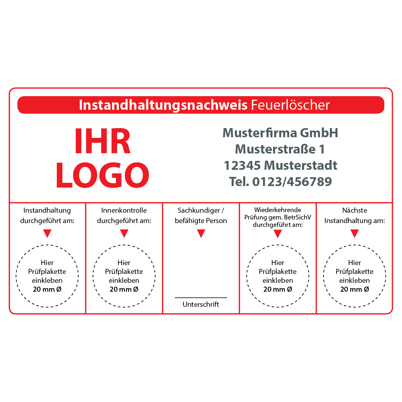 Instandhaltungsnachweis Feuerlöscher mit Firmenlogo selbst gestalten, 115 x 70 mm, Vinylfolie, selbstklebend, individuell
