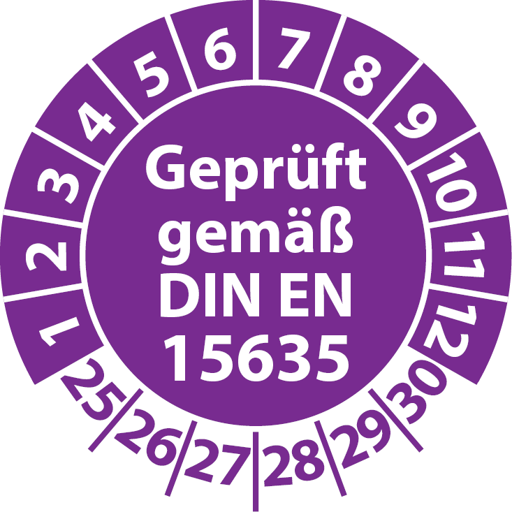 Prüfplaketten Geprüft gemäß DIN EN 15635