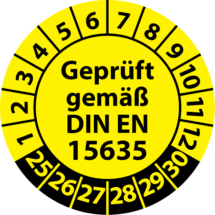 Prüfplaketten Geprüft gemäß DIN EN 15635