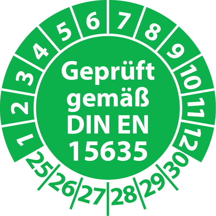 Prüfplaketten Geprüft gemäß DIN EN 15635