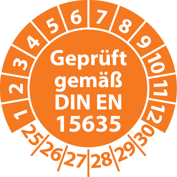 Prüfplaketten Geprüft gemäß DIN EN 15635