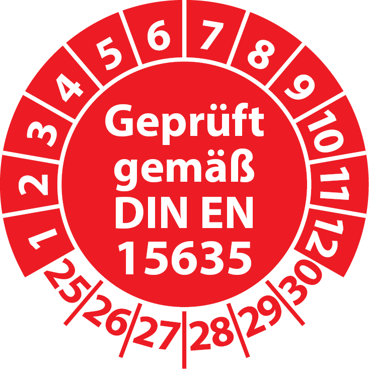 Prüfplaketten Geprüft gemäß DIN EN 15635