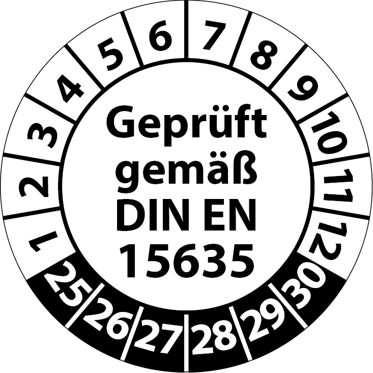 Prüfplaketten Geprüft gemäß DIN EN 15635