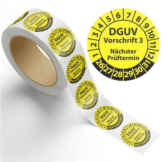 Prüfplaketten DGUV Vorschrift 3 Nächster Prüftermin, 1000 Stück auf Rolle - Aufkleber DGUV-V3