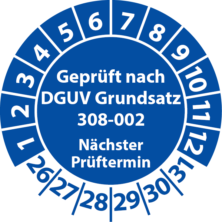 Prüfplakette Geprüft nach DGUV Grundsatz 308-002 Nächster Prüftermin Hebebühnen