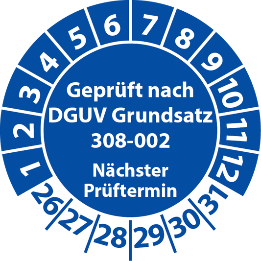 Prüfplakette Geprüft nach DGUV Grundsatz 308-002 Nächster Prüftermin Hebebühnen