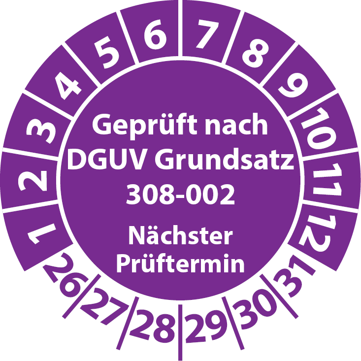 Prüfplakette Geprüft nach DGUV Grundsatz 308-002 Nächster Prüftermin Hebebühnen