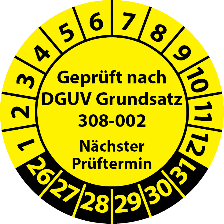 Prüfplakette Geprüft nach DGUV Grundsatz 308-002 Nächster Prüftermin Hebebühnen