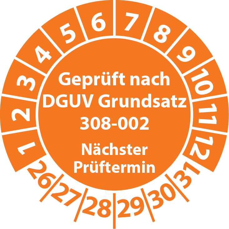 Prüfplakette Geprüft nach DGUV Grundsatz 308-002 Nächster Prüftermin Hebebühnen
