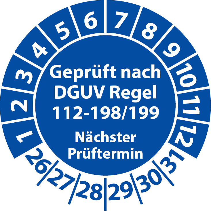 Prüfplakette Geprüft nach DGUV Regel 112-198 199 Nächster Prüftermin PSA