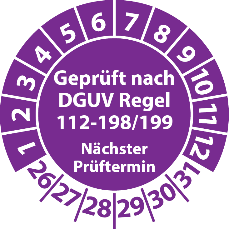 Prüfplakette Geprüft nach DGUV Regel 112-198 199 Nächster Prüftermin PSA