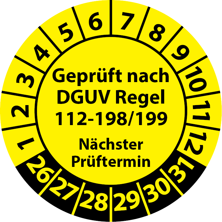 Prüfplakette Geprüft nach DGUV Regel 112-198 199 Nächster Prüftermin PSA