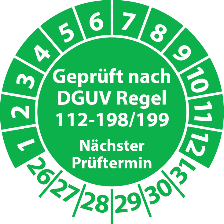 Prüfplakette Geprüft nach DGUV Regel 112-198 199 Nächster Prüftermin PSA