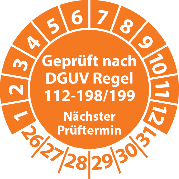 Prüfplakette Geprüft nach DGUV Regel 112-198 199 Nächster Prüftermin PSA