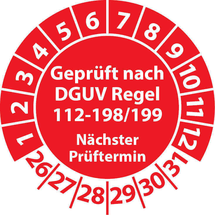 Prüfplakette Geprüft nach DGUV Regel 112-198 199 Nächster Prüftermin PSA