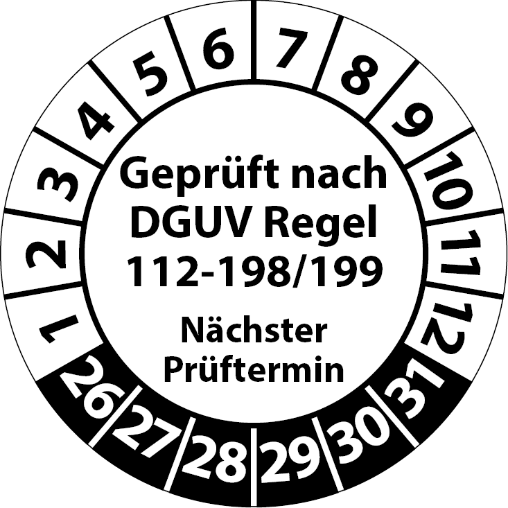 Prüfplakette Geprüft nach DGUV Regel 112-198 199 Nächster Prüftermin PSA
