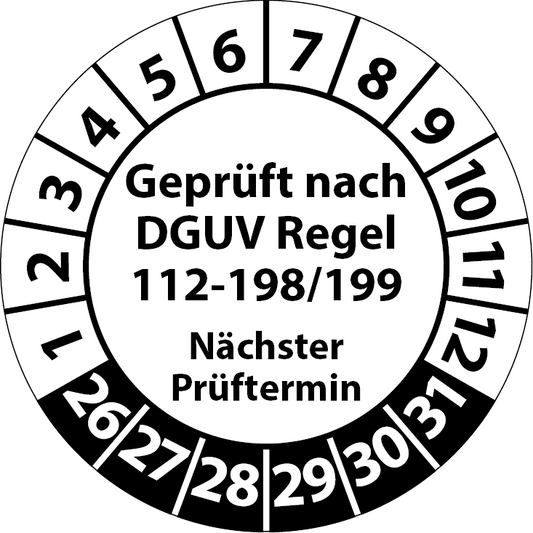 Prüfplakette Geprüft nach DGUV Regel 112-198 199 Nächster Prüftermin PSA
