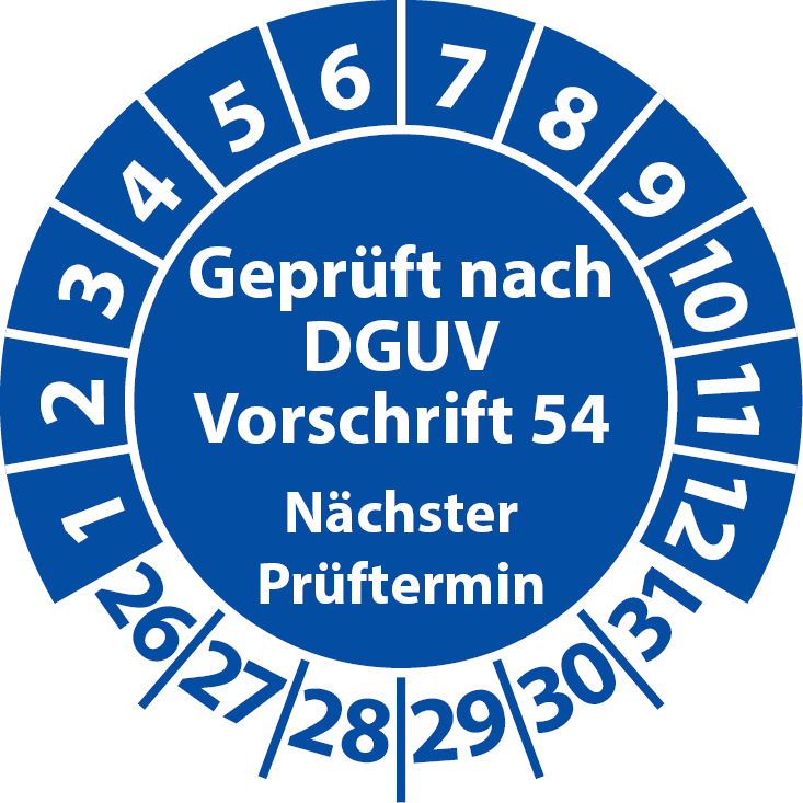 Prüfplakette Geprüft nach DGUV Vorschrift 54 Nächster Prüftermin Winden, Hub- und Zuggeräte