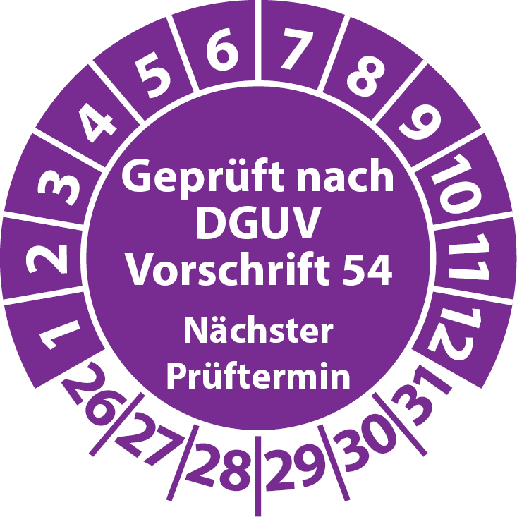 Prüfplakette Geprüft nach DGUV Vorschrift 54 Nächster Prüftermin Winden, Hub- und Zuggeräte