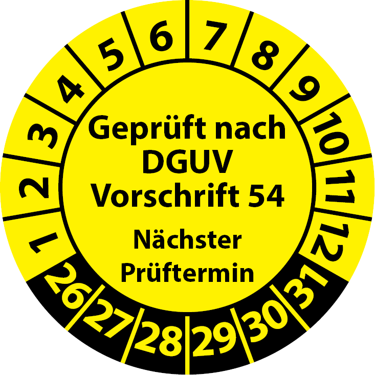 Prüfplakette Geprüft nach DGUV Vorschrift 54 Nächster Prüftermin Winden, Hub- und Zuggeräte