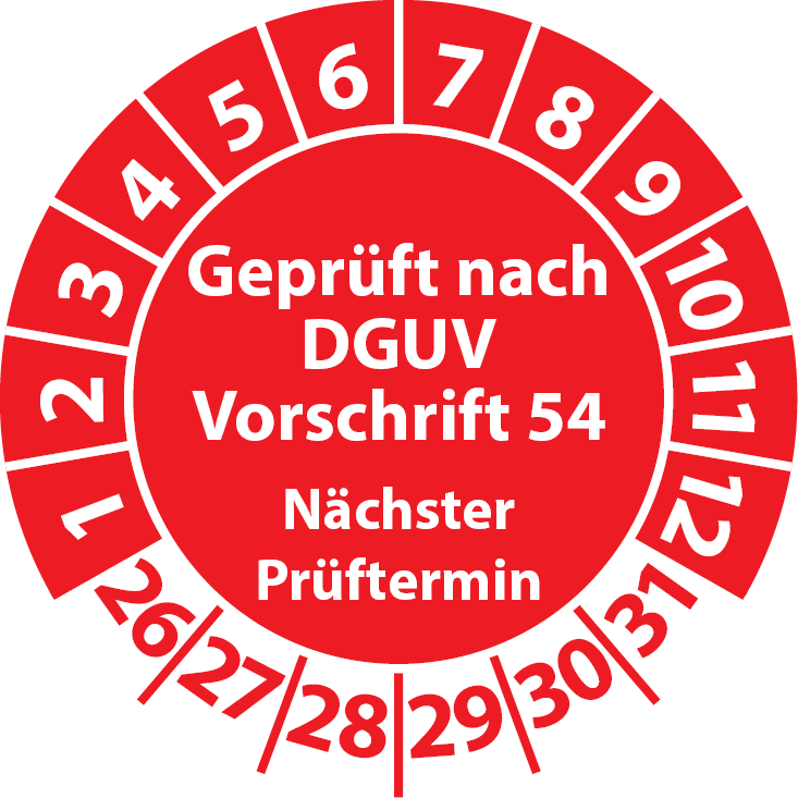 Prüfplakette Geprüft nach DGUV Vorschrift 54 Nächster Prüftermin Winden, Hub- und Zuggeräte