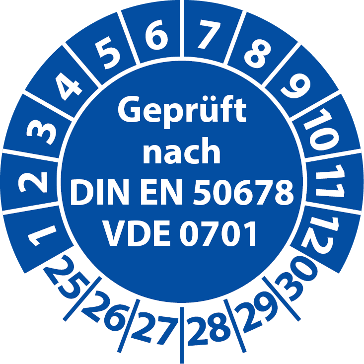 Prüfplaketten Geprüft nach DIN EN 50678 VDE 0701