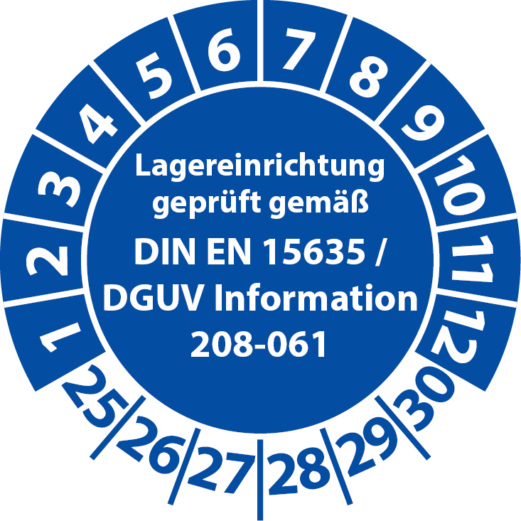 Prüfplaketten Lagereinrichtung geprüft gemäß DIN EN 15635 DGUV Information 208-061
