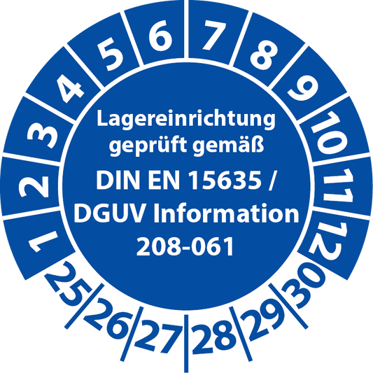 Prüfplaketten Lagereinrichtung geprüft gemäß DIN EN 15635 DGUV Information 208-061