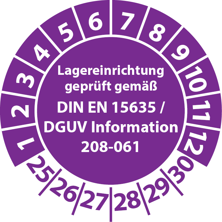 Prüfplaketten Lagereinrichtung geprüft gemäß DIN EN 15635 DGUV Information 208-061