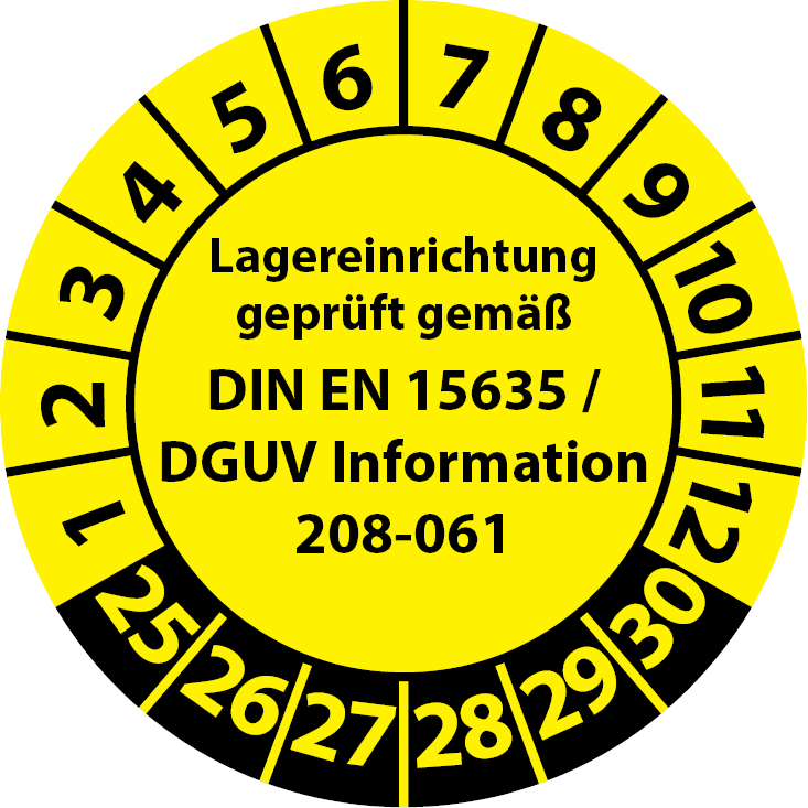 Prüfplaketten Lagereinrichtung geprüft gemäß DIN EN 15635 DGUV Information 208-061