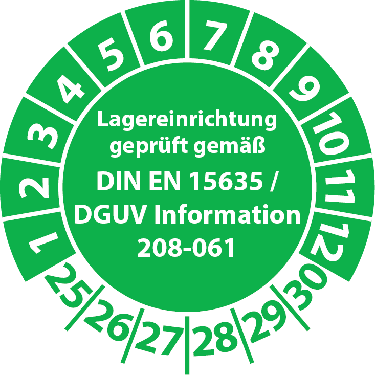 Prüfplaketten Lagereinrichtung geprüft gemäß DIN EN 15635 DGUV Information 208-061