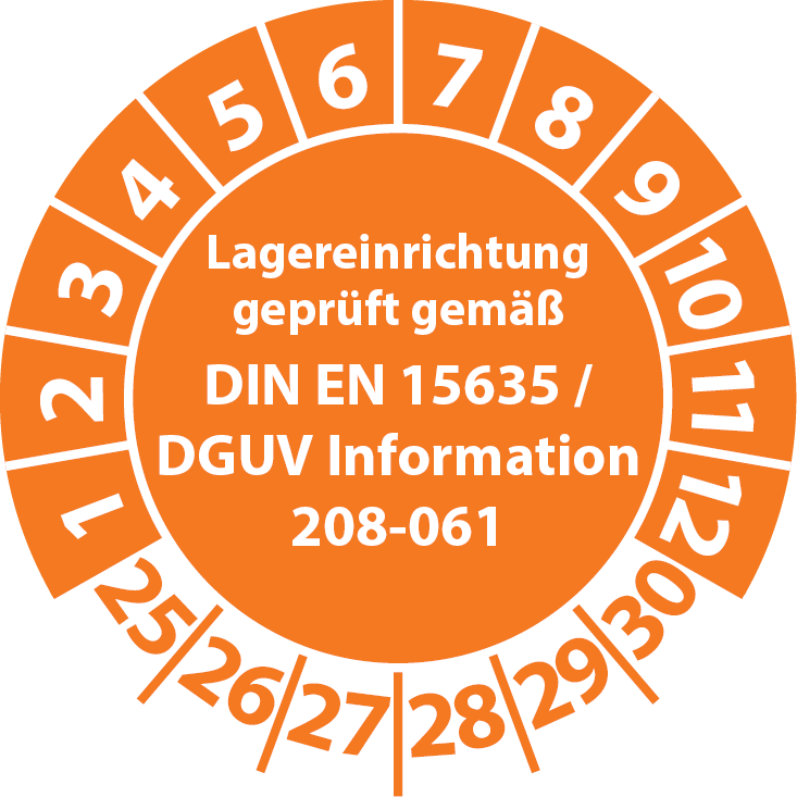 Prüfplaketten Lagereinrichtung geprüft gemäß DIN EN 15635 DGUV Information 208-061