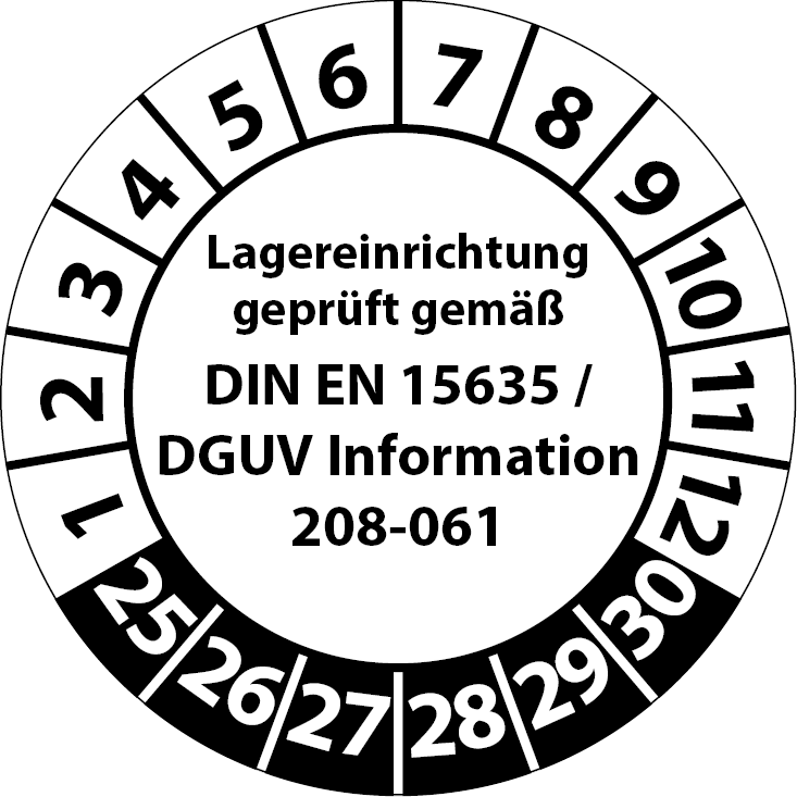 Prüfplaketten Lagereinrichtung geprüft gemäß DIN EN 15635 DGUV Information 208-061