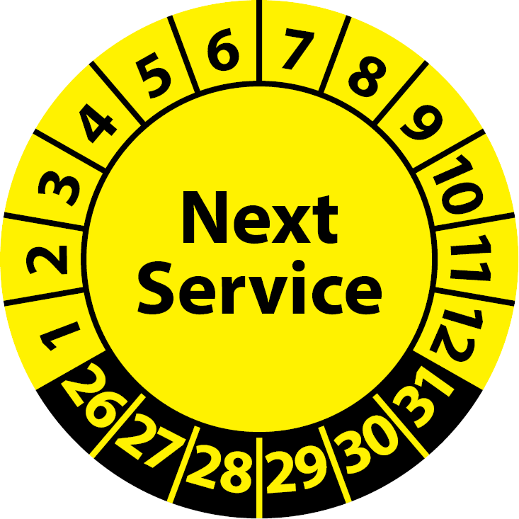 Prüfplaketten Next Service / Service-Sticker english