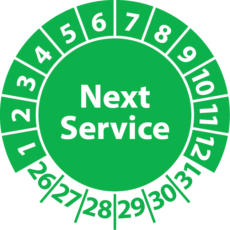 Prüfplaketten Next Service / Service-Sticker english