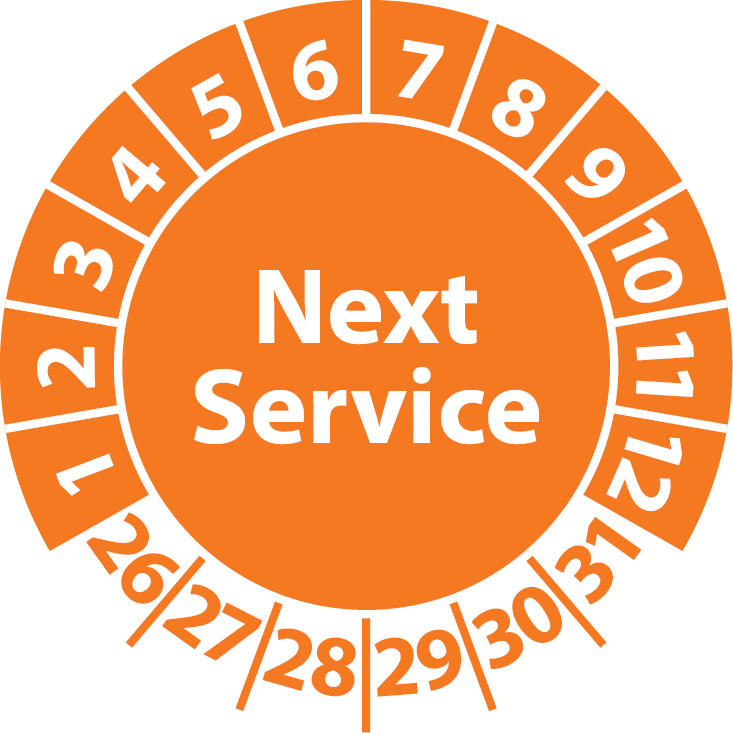 Prüfplaketten Next Service / Service-Sticker english